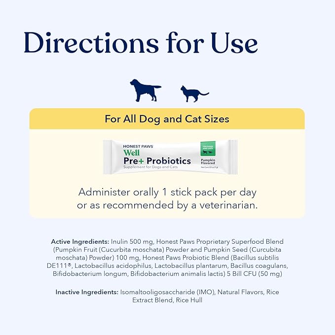 Honest Paws Probiotics for Dogs - Dog Digestion Gut Health Probiotic Powder with Prebiotic Made in The USA, Digestive and Immune Support - Digestive Enzymes with Pumpkin Flavor (30 Sticks)