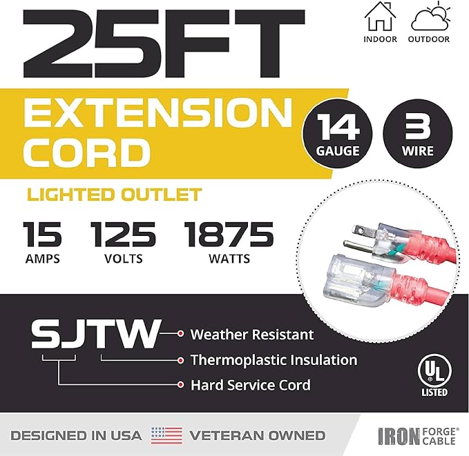 Iron Forge Cable Lighted Outdoor Extension Cord 25 ft - 14 Gauge 15 Amp Heavy Duty Power Extension Cords - SJTW - Great for Major Appliances, Power Tools, Garden Supplies - Red