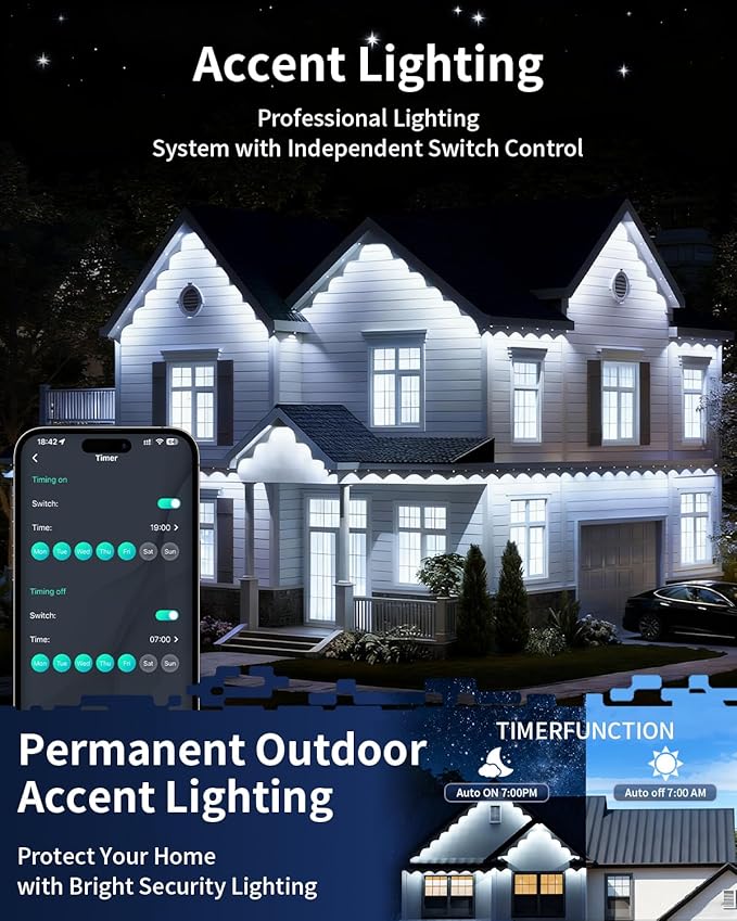 Permanent Outdoor Lights for House,200FT RGB IC Smart Permanent Eave Lighting with App/Remote Control,IP67 Waterproof,Music Sync,DIY Color Scenes,Year-Round Eaves Lighting for House Roof Decor