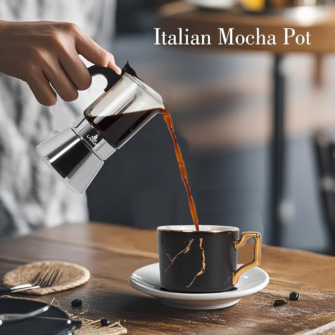 LAOION Stovetop Espresso Maker, 3Cup 160ml Moka Pot, Cuban Coffee Maker | Crystal Glass-top & Stainless Steel Coffee Maker Mocha Pot, Greca De Cafe, Cuban and Italian Coffee Maker for Cafetera Cubana