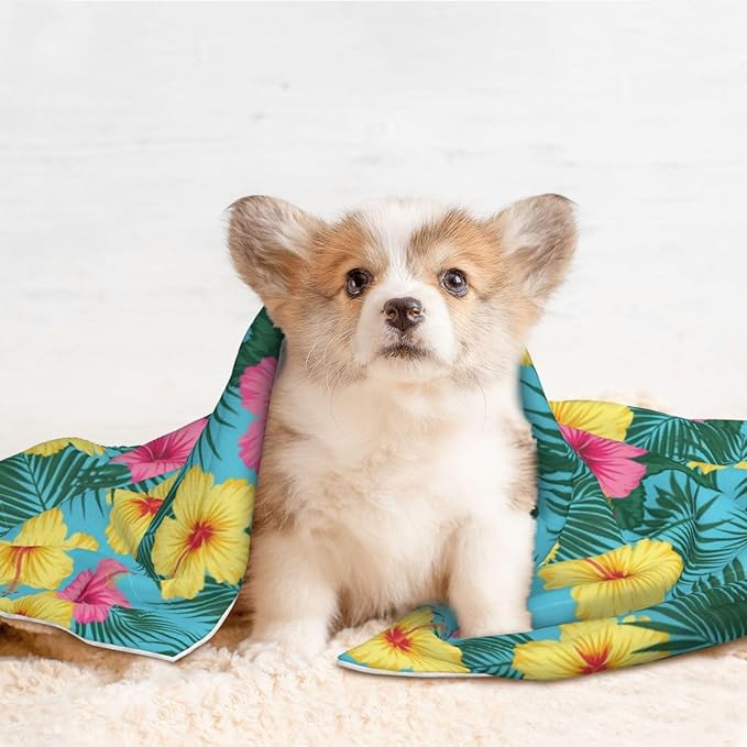 Reversible Plush Dot Pet Blanket for Dogs and Cats, Hawaii Tropical Floral Plants, Ultra Soft Two Sided Design with Warm Fuzzy Side and Smooth Side for Comfort