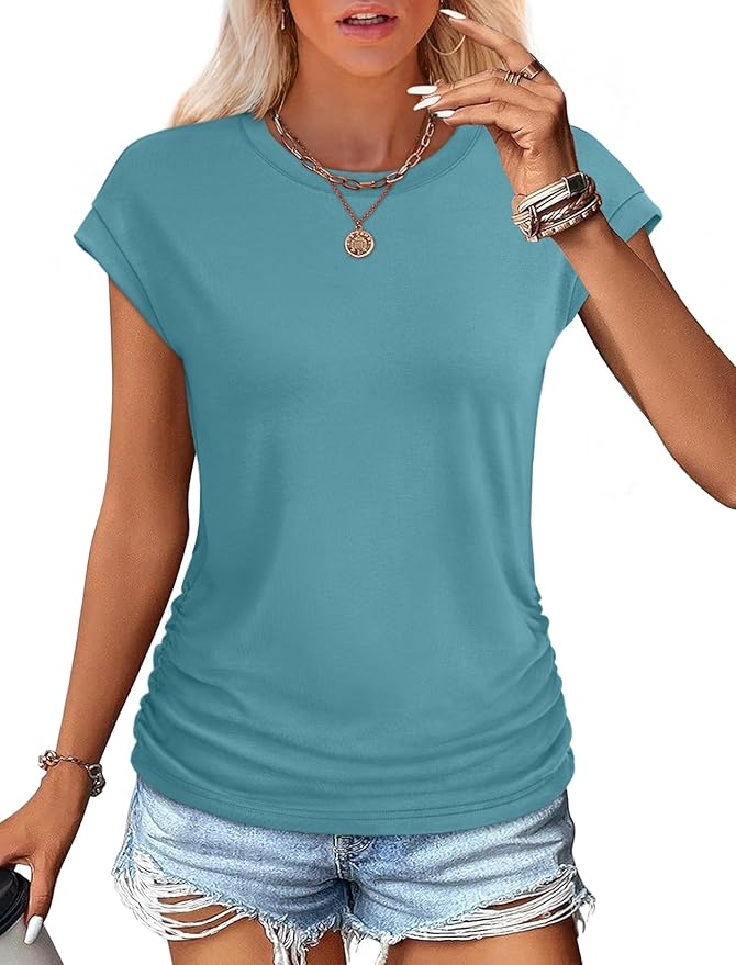 Sampeel Womens Summer Tops Trendy 2026 Ruched Cap Short Sleeve Tshirts Shirts Crew Neck T Shirts Fashion