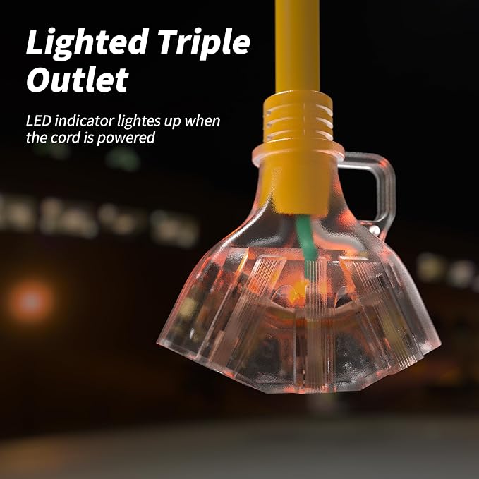 PlugSaf 1 FT 12/3 Gauge Outdoor Extension Cord with Multiple Outlets Light Indicator, Flexible Weatherproof 3 Outlet Heavy Duty Extension Cord Waterproof Yellow, 15A 1875W 12AWG SJTW, ETL Listed