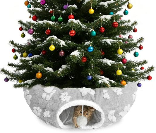 Cat Tunnel Bed - Christmas Tree Cat Dount Tunnel, Soft Plush Crinkle Collapsible Circle Cushion for Indoor Cats, Multifunctional Pet Cave Playground Toys Small Large Kitty Rabbit Puppy Ferret