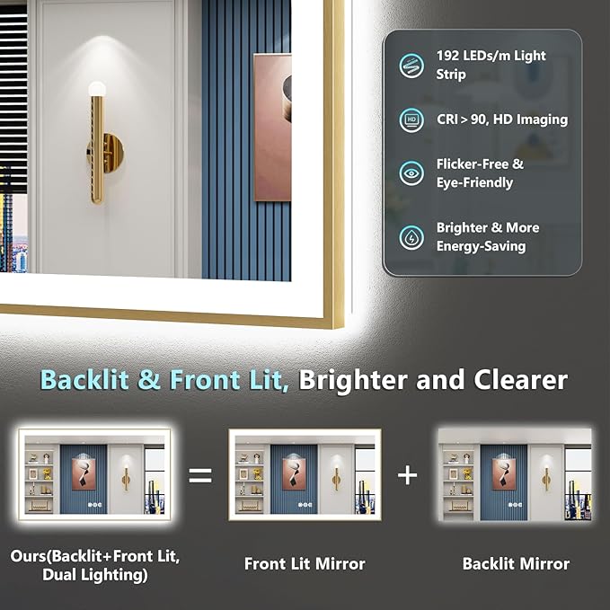 66x40 Gold LED Bathroom Mirror with Lights, Brushed Gold Framed Backlit and Front Lit Anti-Fog Lighted Vanity Mirrors for Bathroom Wall, Dimmable, 3 Colors, Memory, HD Tempered Glass, CRI＞90