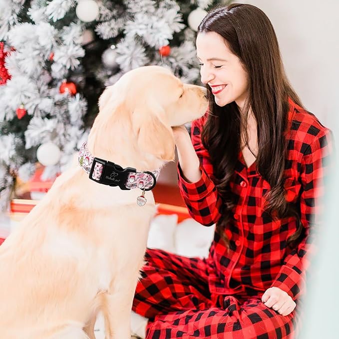 Christmas Dog Collar for Medium Dogs - Cute Santa Print Pink Christmas Collars for Dogs, Soft Adjustable Winter Holiday Dog Collars with Quick Release Buckle M