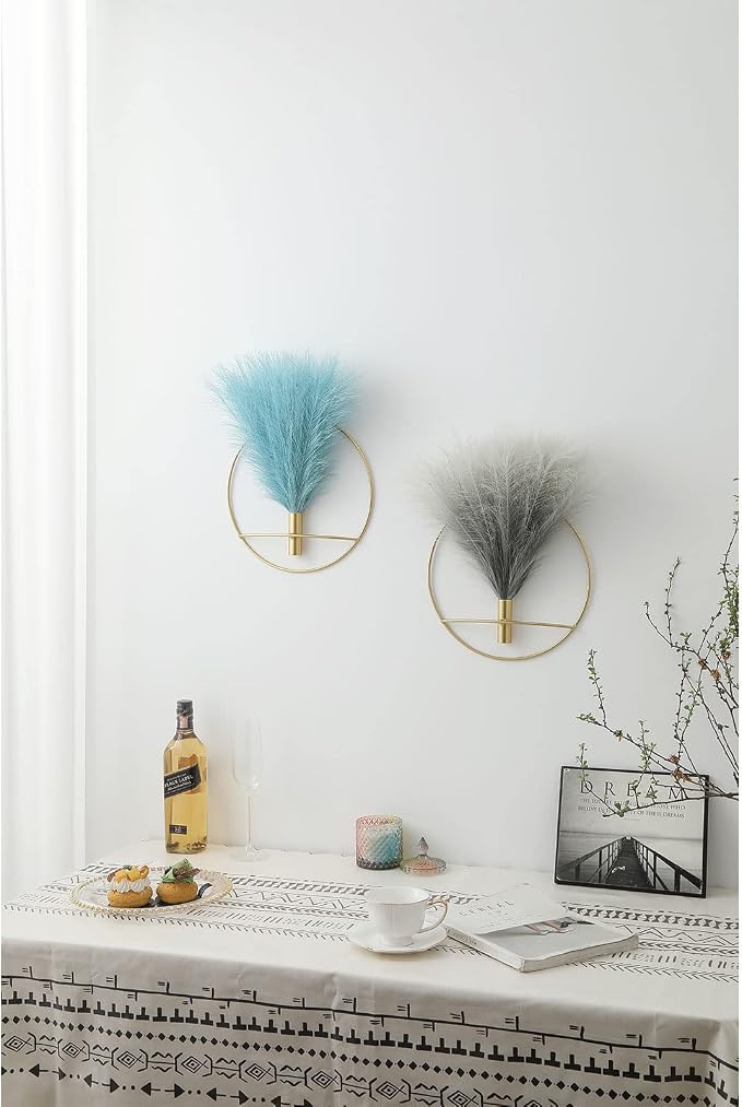 Pretty Jolly Boho Pampas Wall Decor Gold Metal Wall-Mounted Art | Morden Artificial Greenery Display，2 Pack Hanging Planter For Living Room, Bedroom, Bathroom, Dining room