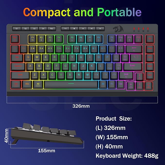 Redragon K524 75% Wired Gaming Keyboard, RGB Backlit, Whisper-Quiet, Black | Membrane Keyboard with Programmable Macro and Multimedia Keys, Anti-ghosting, Spill Resistant,Compact for Win/MAC/PS/Xbox