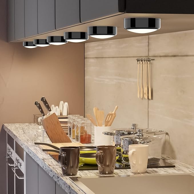 HELPLEX LED Puck Lights with Remote, 3 Pack Color Changing RGBW Stick-On Light, Battery Powered, Dimmable Under Cabinet Lighting with Timer & Memory, Wireless Push Lights for Kitchen & Closet, Black
