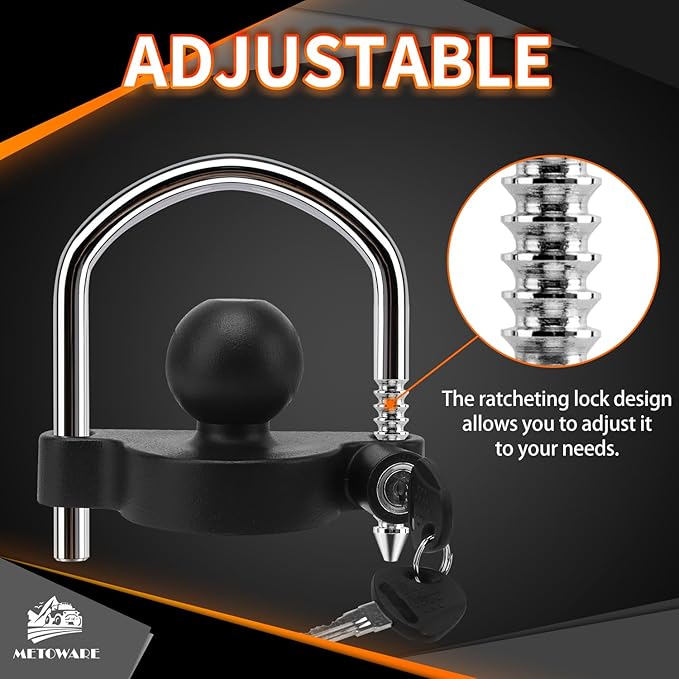 METOWARE Keyed Alike Trailer Coupler Lock Universal Adjustable Steel Trailer Hitch Lock, Anti Theft Trailer Ball Lock Towing Lock for Towing Trailer Security Fits 1-7/8",2”, 2-5/16" Coupler 2 Pack