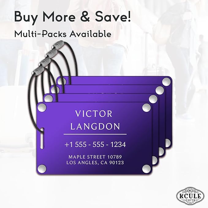 Personalized Luggage Tags for Suitcases - Aluminum Custom Luggage Tags for Backpacks & Bags, Sturdy, Waterproof & Heavy Duty (Purple/Card-Sized)