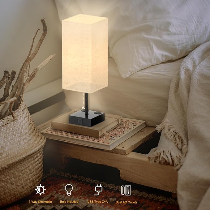 Table Lamp for Bedroom with USB,Bedside Lamp with USB C+A Charging Ports,Adjustable 3color LED Light for Home Decor/Nightstand/Office,Included Bulb and Fabric Lamp Shade (Linen White, 1PCS)