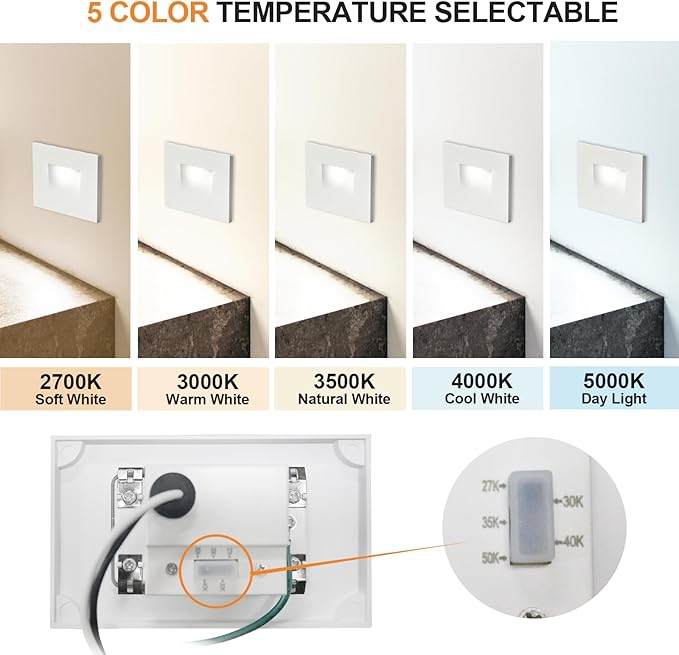 Horizontal Step Lights, 5CCT Selectable, IP65 Waterproof, 3W 100LM, 120V LED Stair Lights Indoor Outdoor, 10%-100% Dimmable, White, ETL Listed - 12PK