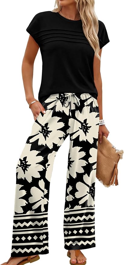 WIHOLL Two Piece Set for Women Summer Spring Outfits Matching Sets Women Clothing Airport Travel Vacation Wide Leg Pants