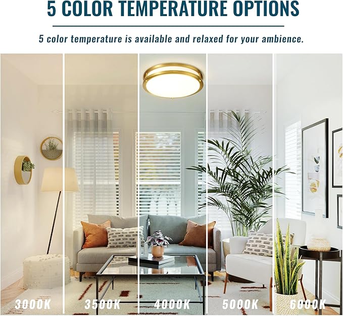Gold Ceiling Light Fixture 24W, 12 inch LED Flush Mount Ceiling Light for Bedroom, Kitchen, Bathroom, 5CCT Dimmable Close to Ceiling Light Fixture for Hallway 2 Pack…