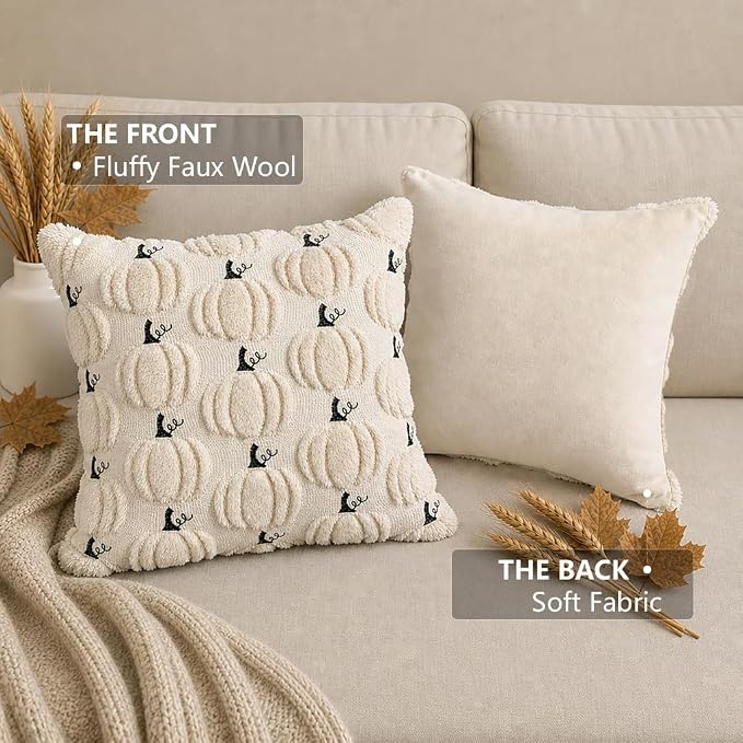 Fall Pumpkin Decorative Pillow Covers 18"x18" Set of 2, Beige Soft Plush Faux Fur Throw Cushion Cases for Autumn Thanksgiving Holiday Home Decorations