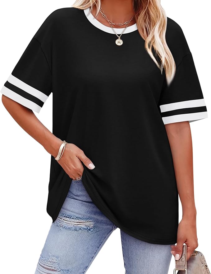 WIHOLL Womens T Shirts Loose Fit Short Sleeve Tees Crew Neck Color Block Summer Tops 2026 Fashion
