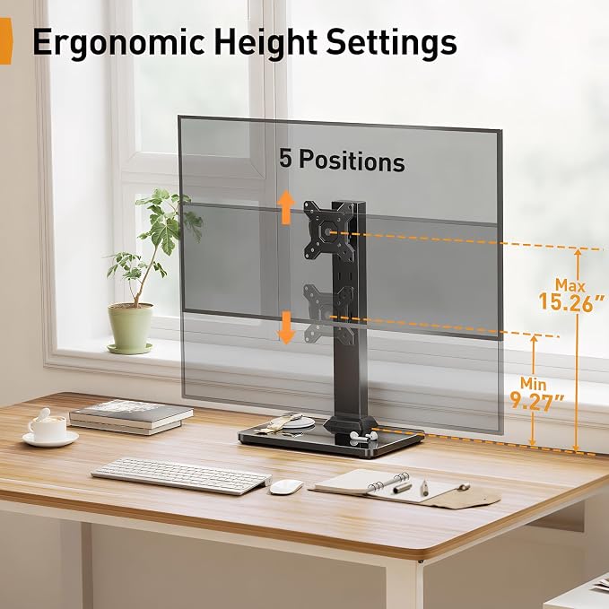 Perlegear Single Monitor Stand for 13–34 inch Screens up to 44 lbs | Heavy-duty steel, swivel, tool-free tilt, 360° rotation, 5 height settings, cable management, max VESA 100x100mm, home office