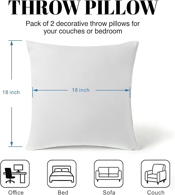 Water Resistant Polyester Pillow Inserts with Plush Dot Cover | Pack of 2 Square Form Indoor Decorative Pillow, Bed and Couch Pillows, 18 x 18 Inches, Sage