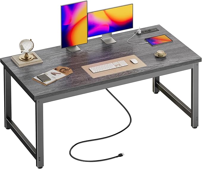 Huuger 55 x 24 inch Desk with Power Outlets & USB-C, Deeper & Thicker Desktop, Robust Metal Tubes, Computer Desk, Heavy Duty Office Desk, Work Gaming Desk for Home Office, Grey