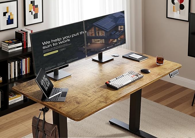 YDN 63 x 24 Inch Rustic Brown Electric Standing Desk | Adjustable Height, Sit Stand, Cable Management, Ergonomic, Home Office