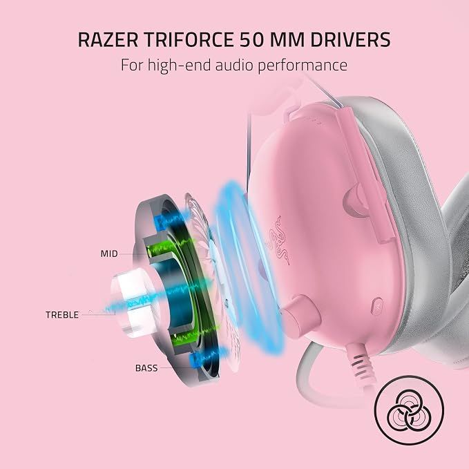 Razer BlackShark V2 X Gaming Headset, 50mm Drivers, Quartz Pink