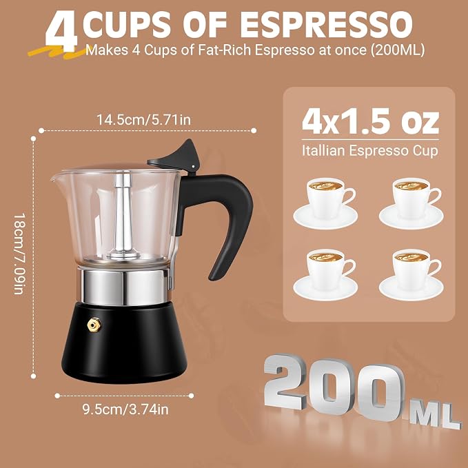 4 Cup 200ml Glass Moka Pot, Stovetop Espresso Maker, Black | Crystal Glass-top & Stainless Steel Coffee Maker, Induction Compatible, for Greca de Cafe, Cuban and Italian Coffee Brewing