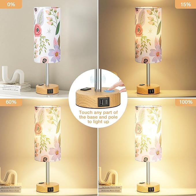 Fenmzee Floral Touch Lamp for Bedroom- 3 Way Dimmable Bedside Lamp USB C A Charging Ports and AC Outlet, Small Table Lamp Floral Linen Lampshade for Gift, LED Bulb Included