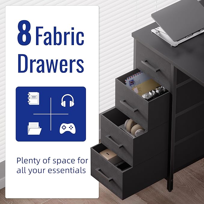 Pamray 47 Inch Computer Desk with 8 Fabric Drawers for Home Office Work | Ample Storage, Space-Saving, Suitable for Home Office Bedrooms Dorm Living Rooms for Study, Writing, Work