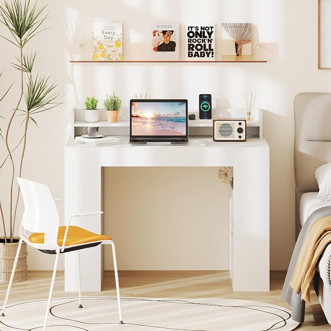 Giantex White Desk with Storage Shelves, 43" Home Office Computer Desk with Charging Station, Dual 3 Tier Bookshelf & Monitor Stand, PC Table Workstation, Modern Study Writing Desk for Bedroom, Dorm