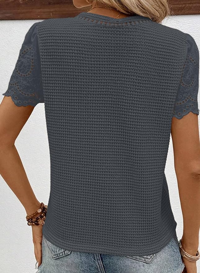 SHEWIN Womens Frenchy Summer Tops Crewneck Short Sleeve T Shirts Casual Waffle Knit Jacquard Blouses Top Shirts