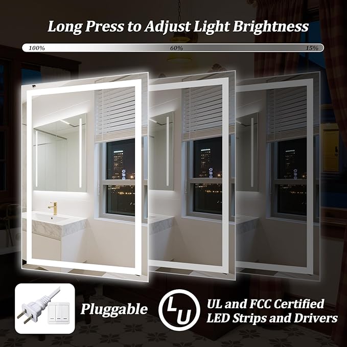 36"x24" Smart LED Bathroom Mirror - Dimmable Brightness, Backlit & Frontlit Lighting, 3 Color Modes, Anti-Fog, Memory Function, Wall Mounted Lighted Vanity Makeup Mirror