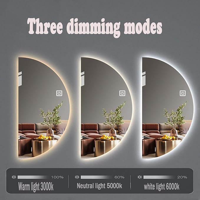 47in Half Moon LED Mirror,3-Color Dimmable Bathroom Smart Vanity Mirror, Frameless Backlit Anti-Fog Half Moon Mirrors for Wall (Left Semicircle, 24 * 47in/60 * 120cm)