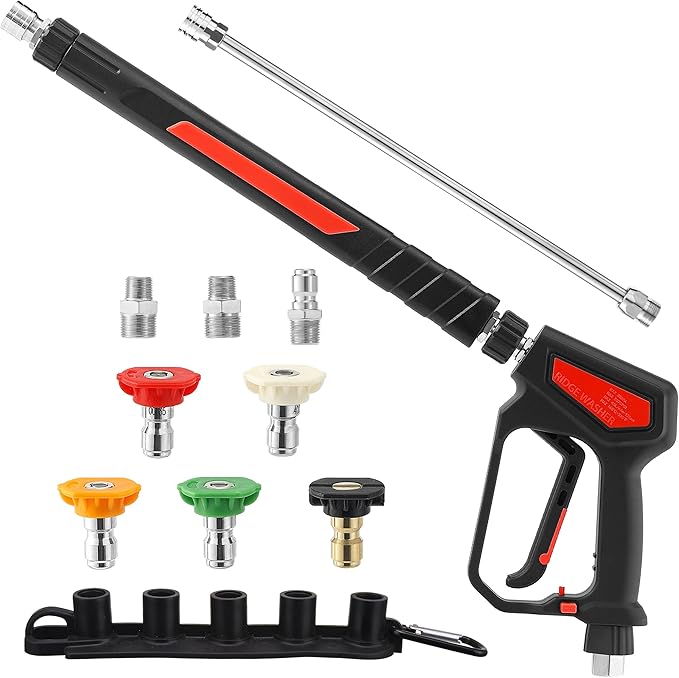 RIDGE WASHER Pressure Washer Gun 5000 PSI, 12 GPM, Power Washer Gun with Stainless Steel Extension Wand, Detachable M22 14 Male to 1/4" Quick Connect, 360° Swivel 3/8'' NPT Thread, M22 Fitting