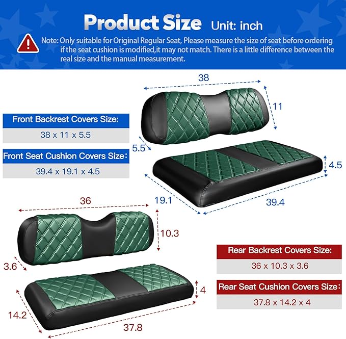 NOKINS 4PCS Golf Cart Diamond Seat Covers Kit, Front and Rear Seat Covers Fits Club Car DS 2000.5-Up Standard Seat Cushion, Club Car DS Vinyl Seat Covers Accessories (Dark Green and Black)