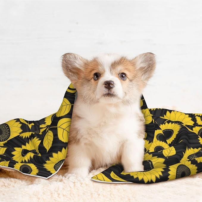 Double Sided Plush Pet Blanket with Cozy Dot Texture and Smooth Reverse, Abstract Yellow Sunflower, Reversible Throw for Dogs Cats on Couches Beds Crates
