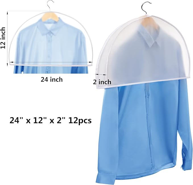 Shoulder Covers Plastic Hanger Covers for Clothes (Set of 12) Closet Clothes Protectors Breathable Clear Jacket Cover with 2" Gusset for Suit, Coat, Jackets, Blouses, Dress - 24'' x12" x2''/12 Pack