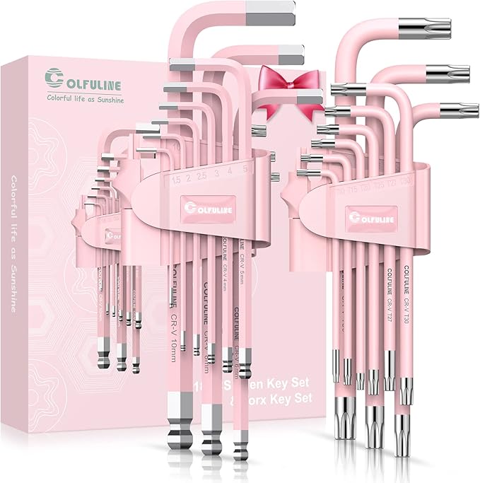 COLFULINE 18PCS PINK Allen Wrench Set, Metric Ball End Allen Key & Torx Key Set, Cr-V Star Hex Key Set for Women, Size T10-T50 & 1.5-10mm with Size-marked for Best Gifts and Home Repair