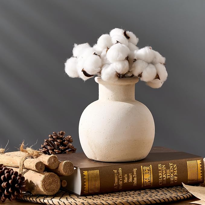 SIDUCAL Ceramic Rustic Farmhouse Vase | 6 Inch Pottery Decorative Boho Flower Vase for Home Decor, Table, Living Room, Bathroom Decoration, Shelf Decor, Mantel, Wedding, White