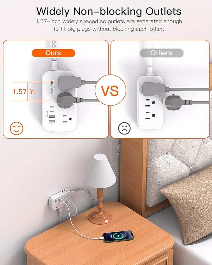 Flat Extension Cord, BESHON 5FT Flat Plug Power Strip with USB C, 6 Outlets 4 USB Port(2 USB C), No Surge Protector, Cruise Ship, Dorm Room Travel Essentials