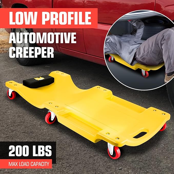 PM PERFORMOTOR 36" L X 17" W x 4.25" H Vehicle Repair Low Profile Automotive Creeper w/Padded Headrest, Yellow, PM-TOL-CPC36-YL