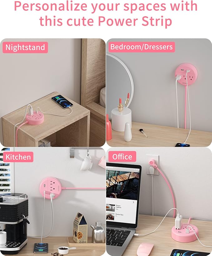 10 ft Long Extension Cord Power Strip with USB, NTONPOWER Pink Charging Station with 3 Outlet and 2 USB, Travel Power Strip Flat Plug, Wall Mount for Home Office Dorm Room and Cruise Ship, ETL Listed