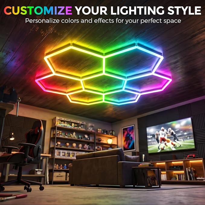 RGB Hexagon Garage Lights 7 Hex, Duplex Signal RGB Hexagon Led Lights with Music Sync Mode, Easy Setup RGB Ceiling Lights for Garage, Gym, Studio, Gaming Room, Party, Bar