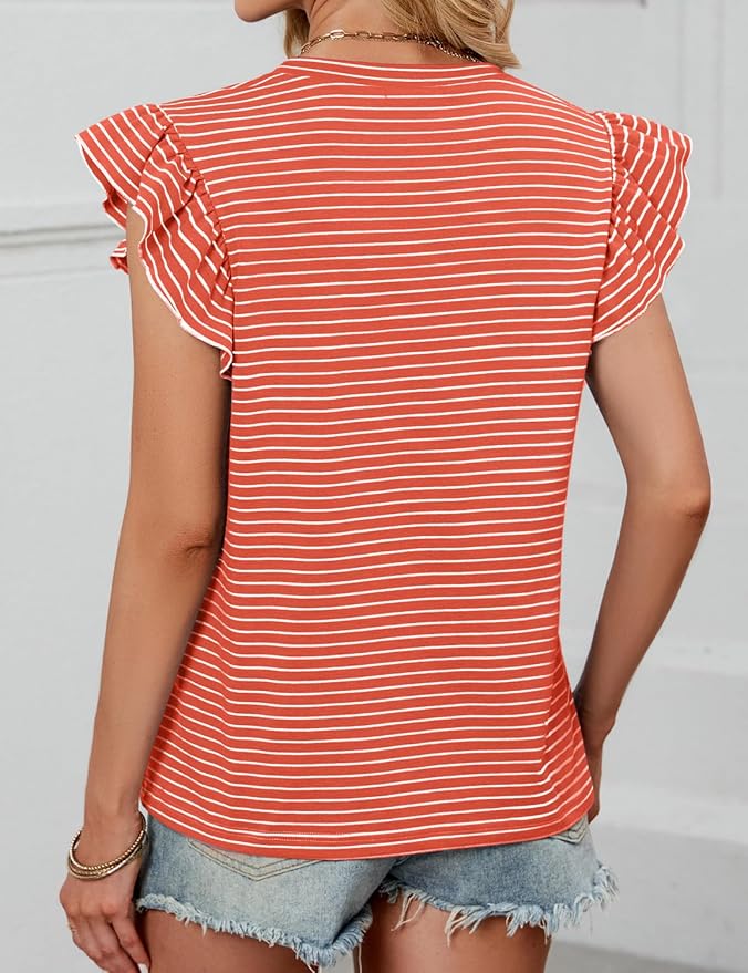 JUSTFASHIONNOW Womens Summer Tops Striped T-Shirts 2026 Ruffle Short Sleeve Crew Neck Casual Blouses with Pocket