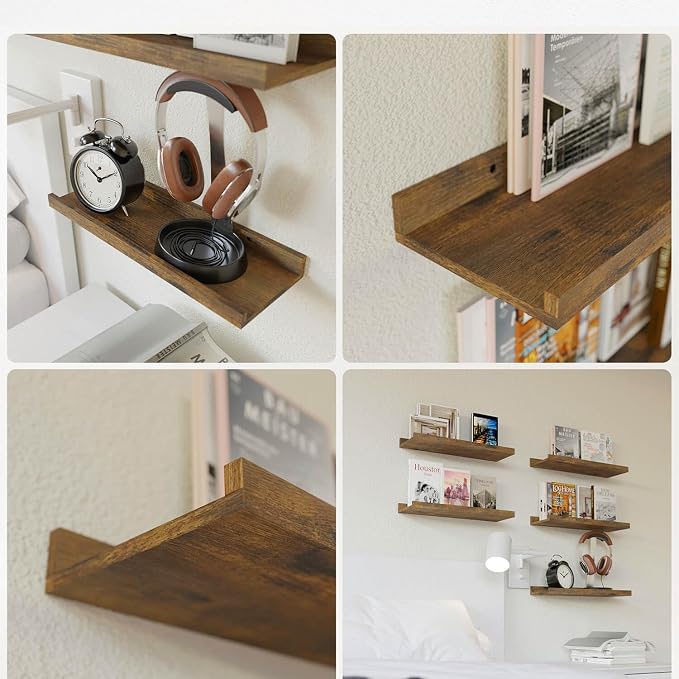 RICHER HOUSE 3-Set Floating Shelves with Lip, Brown Small Wall Shelf, 16In | Display Picture Ledge Shelf, Anti-drop lip Shelf for Room Wall Decor, Bedroom Bathroom Storage Nursery Books, Easy Setup,Wood