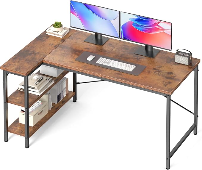 DUMOS 47 Inch L Shaped Desk, Computer Gaming Corner Desks with Shelves | Home Office PC Table, Writing Working Study Desk for Bedroom Dorm, Reversible Design, Rustic Brown