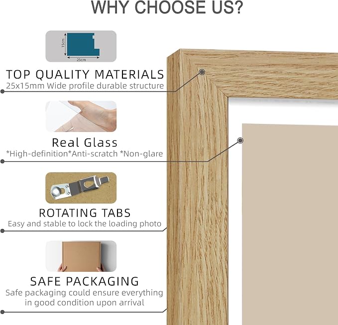 Hongkee 12x12 Picture Frame Set of 4 - Made of Glass and Natural Oak Wooden Frame, Display Square Pictures 10x10 with Mat or 12 x 12 without Mat, Desktop & Wall Collage Photo Frame