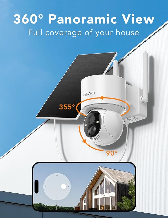 2K Solar Security Cameras Wireless Outdoor, 360°PTZ Battery Powered Cameras for Home Security, 2.4G WiFi Outdoor Camera with Color Night Vision, IP66 Waterproof, Motion Sensor Alarm, White，2Pack