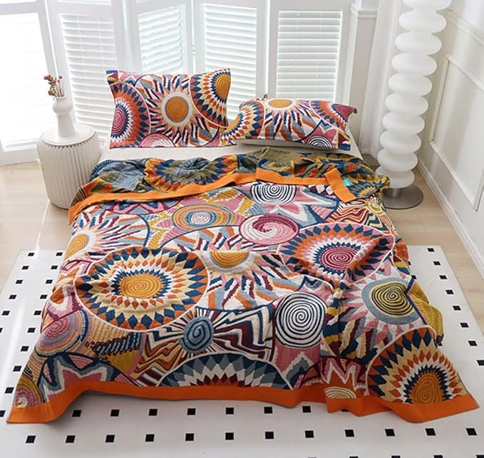 Boho Throw Blanket for Bed 100% Cotton Bohemian Blankets Ultra Soft Woven Muslin Decorative Blankets All Seasons Vintage Quilt Knitted Blanket for Sofa Chair (Colorful, 50"x60")