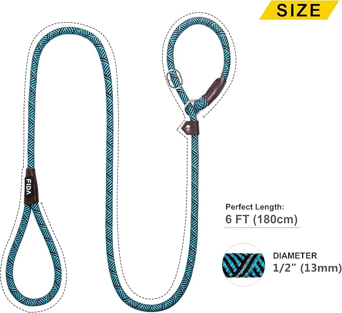 Fida Durable Slip Lead Dog Leash, 6 FT x 1/2" Heavy Duty Loop Comfortable Strong Rope Lead for Large, Medium Dogs, No Pull Pet Training with Highly Reflective, Blue